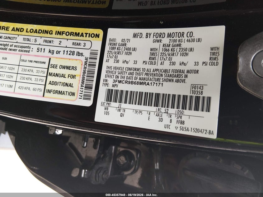 2021 Ford Bronco Sport Big Bend VIN: 3FMCR9B68MRA17171 Lot: 45357948
