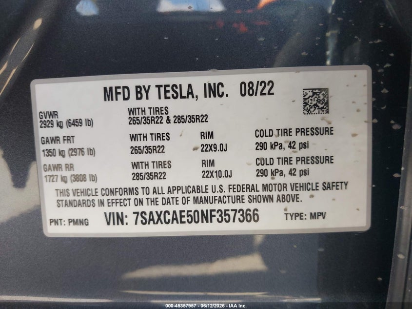 2022 Tesla Model X Dual Motor All-Wheel Drive VIN: 7SAXCAE50NF357366 Lot: 45357957