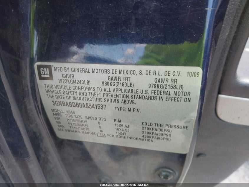 2010 Chevrolet Hhr Lt VIN: 3GNBABDB8AS541537 Lot: 45357984