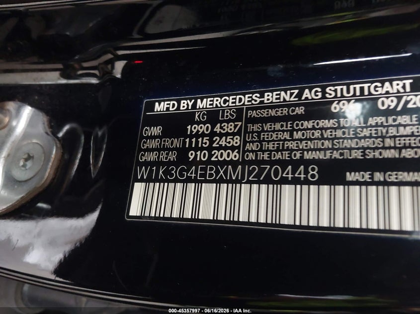 2021 Mercedes-Benz A 220 VIN: W1K3G4EBXMJ270448 Lot: 45357997
