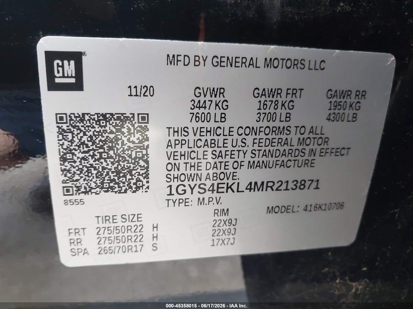 2021 Cadillac Escalade 4Wd Sport VIN: 1GYS4EKL4MR213871 Lot: 45358015