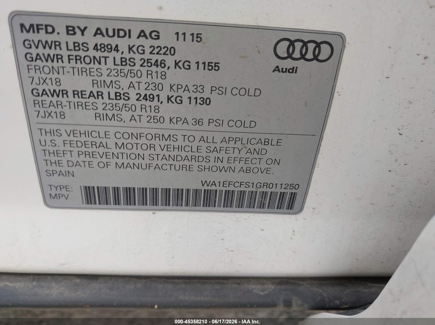 2016 Audi Q3 2.0T Premium Plus VIN: WA1EFCFS1GR011250 Lot: 45358210