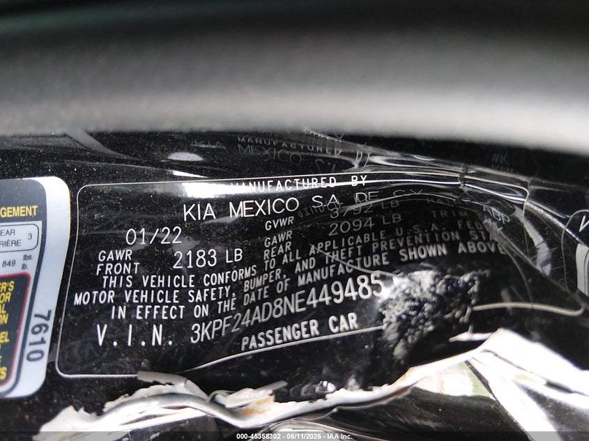 VIN 3KPF24AD8NE449485 2022 KIA FORTE LXS