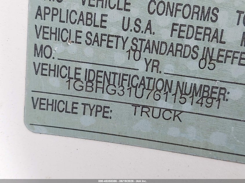 2006 Chevrolet Express Cutaway Work Van VIN: 1GBHG31U761151491 Lot: 45358386