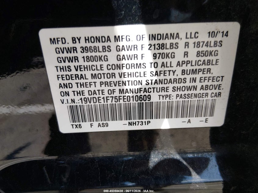 2015 Acura Ilx 2.0L VIN: 19VDE1F75FE010609 Lot: 45358438