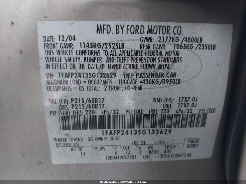 2005 Ford Five Hundred Sel VIN: 1FAFP24135G132629 Lot: 45358450