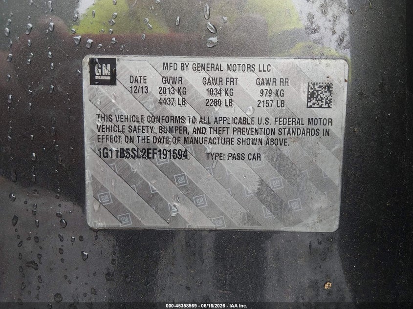2014 CHEVROLET MALIBU SEDAN 2.5L I-4 DI, DOHC, VVT, 196HP