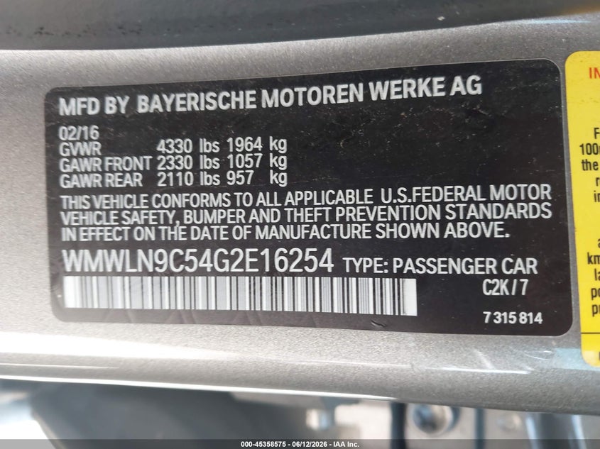 2016 Mini Clubman Cooper S VIN: WMWLN9C54G2E16254 Lot: 45358575