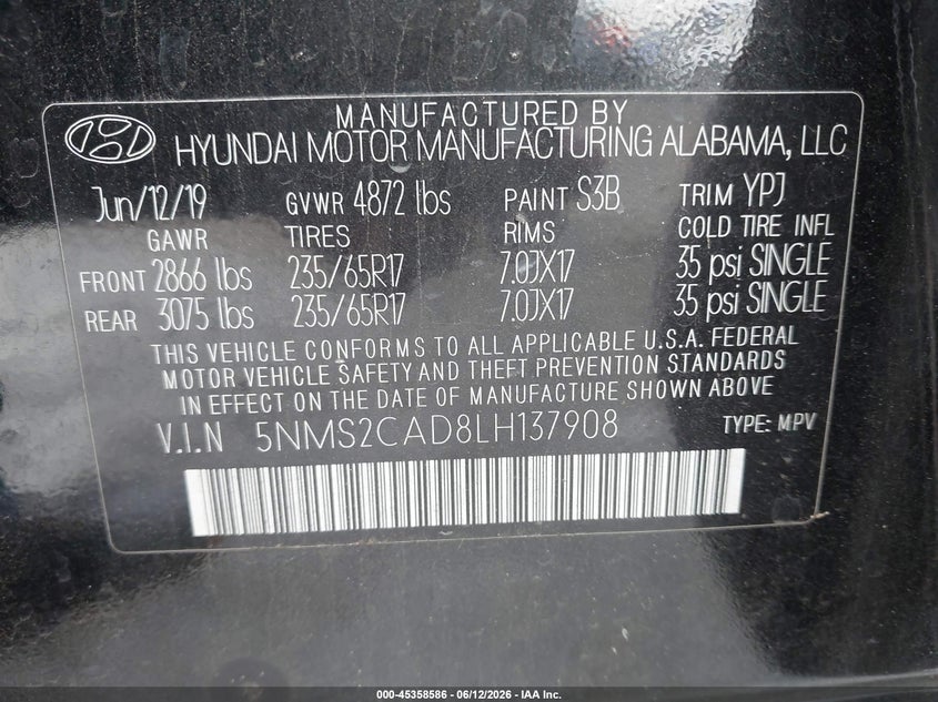 VIN 5NMS2CAD8LH137908 2020 HYUNDAI SANTA FE SE