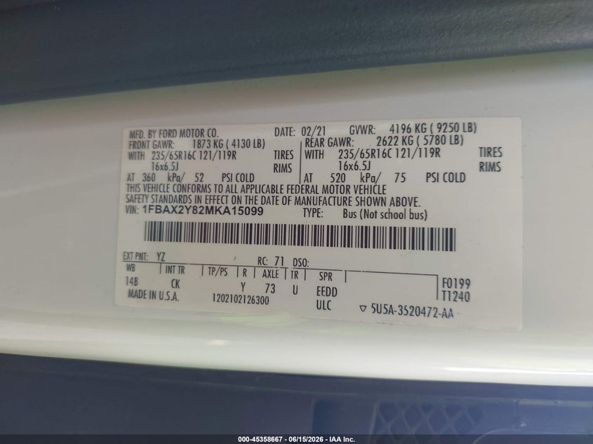 2021 FORD TRANSIT-350 PASSENGER VAN(VIN: 1FBAX2Y82MKA15099