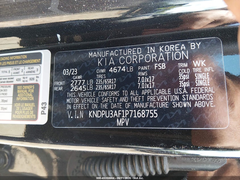 VIN KNDPU3AF1P7168755 2023 KIA SPORTAGE LX