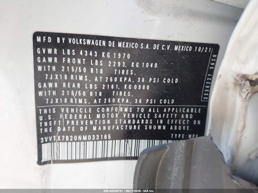 2022 Volkswagen Taos 1.5T Se VIN: 3VVTX7B20NM033165 Lot: 45358701