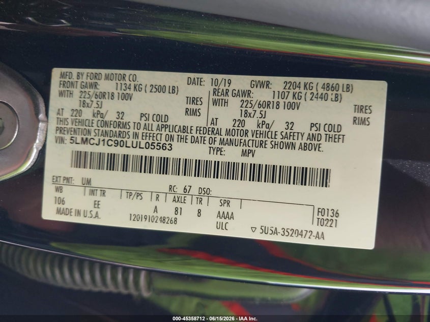 2020 Lincoln Corsair Standard VIN: 5LMCJ1C90LUL05563 Lot: 45358712