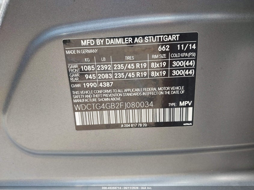 2015 Mercedes-Benz Gla 250 4Matic VIN: WDCTG4GB2FJ080034 Lot: 45358714