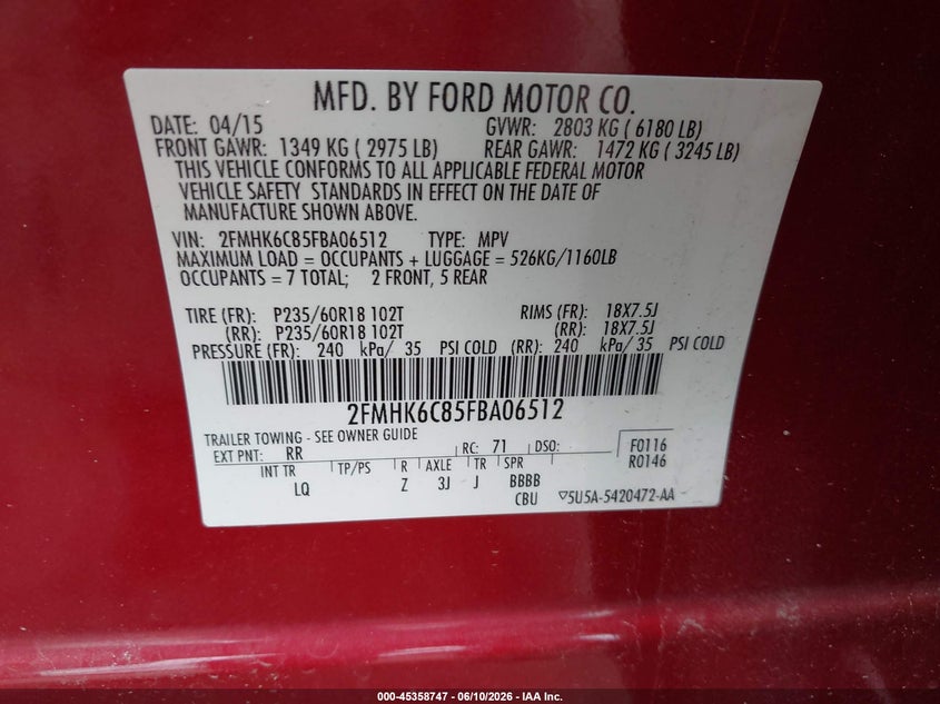 2015 Ford Flex Sel VIN: 2FMHK6C85FBA06512 Lot: 45358747
