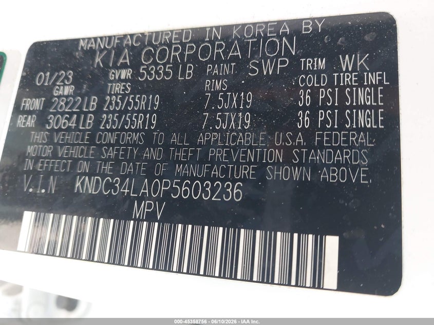 2023 Kia Ev6 Wind VIN: KNDC34LA0P5603236 Lot: 45358756