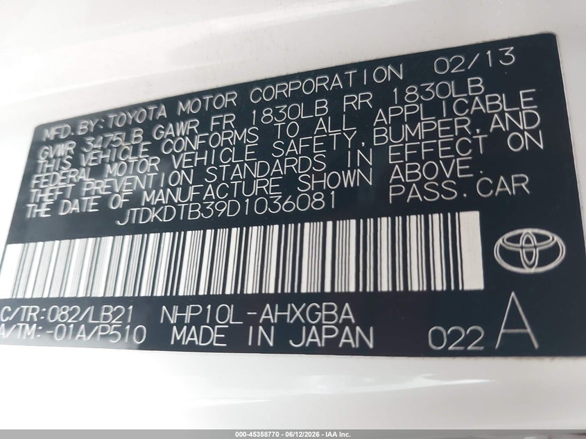 2013 Toyota Prius C Four VIN: JTDKDTB39D1036081 Lot: 45358770