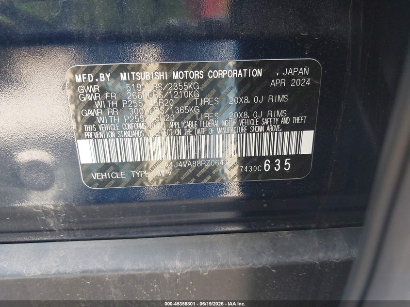 2024 Mitsubishi Outlander Se 2.5 S-Awc VIN: JA4J4VA88RZ064168 Lot: 45358801