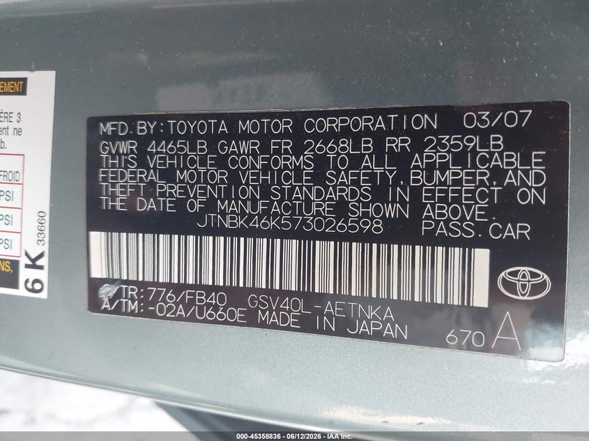 TOYOTA CAMRY 2007 VIN JTNBK46K573026598