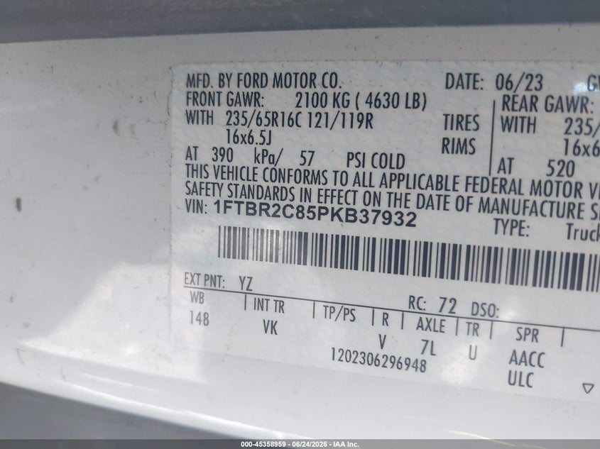 FORD TRANSIT-250 2023 VIN 1FTBR2C85PKB37932