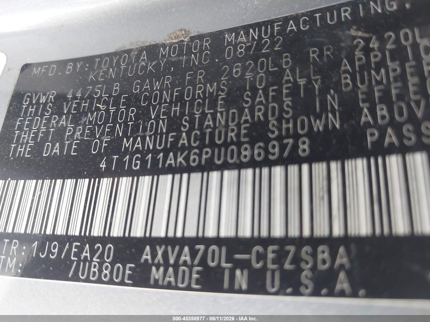 2023 Toyota Camry Se VIN: 4T1G11AK6PU086978 Lot: 45358977