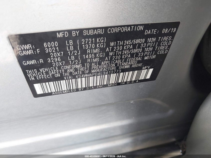 2020 Subaru Ascent Limited VIN: 4S4WMAPD4L3412773 Lot: 45359091