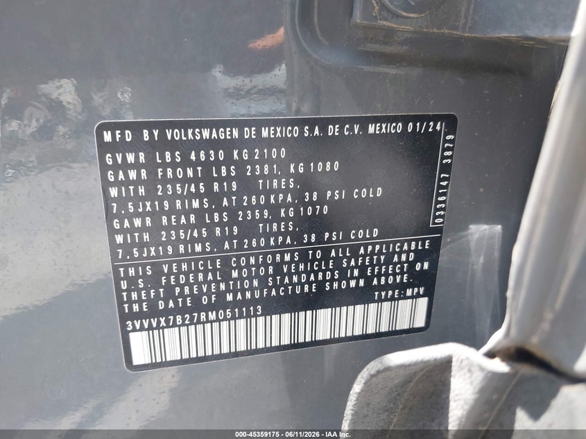 2024 Volkswagen Taos 1.5T Se VIN: 3VVVX7B27RM051113 Lot: 45359175