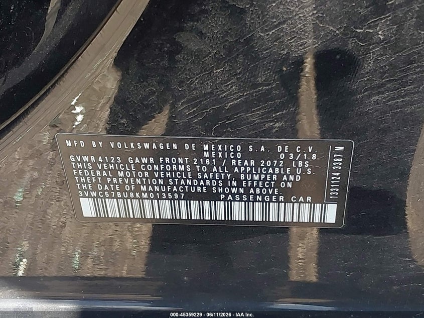 VOLKSWAGEN JETTA 2019 VIN 3VWC57BU8KM013597