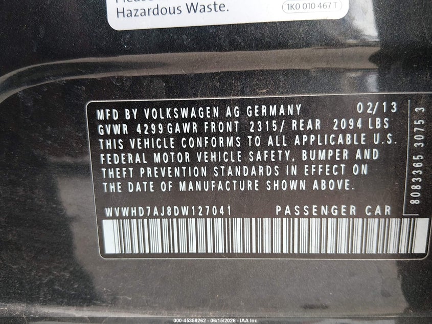 2013 Volkswagen Gti Drivers Edition VIN: WVWHD7AJ8DW127041 Lot: 45359262