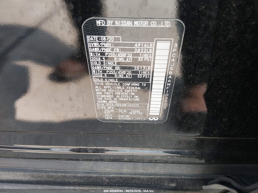 2021 Infiniti Qx50 Luxe VIN: 3PCAJ5BA6MF102933 Lot: 45359284