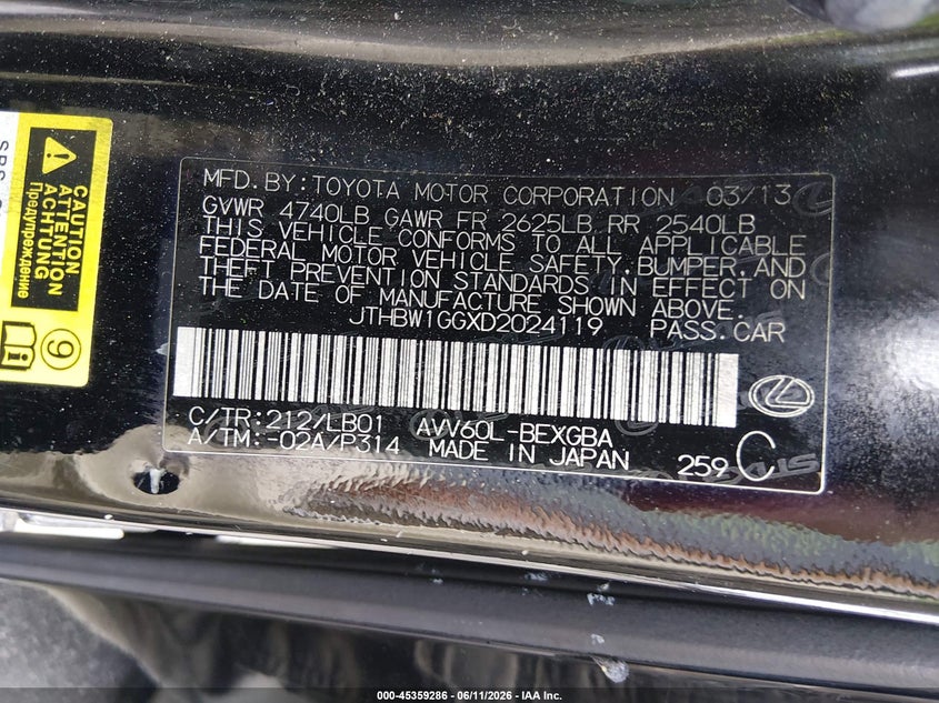 LEXUS ES 300H 2013 VIN JTHBW1GGXD2024119