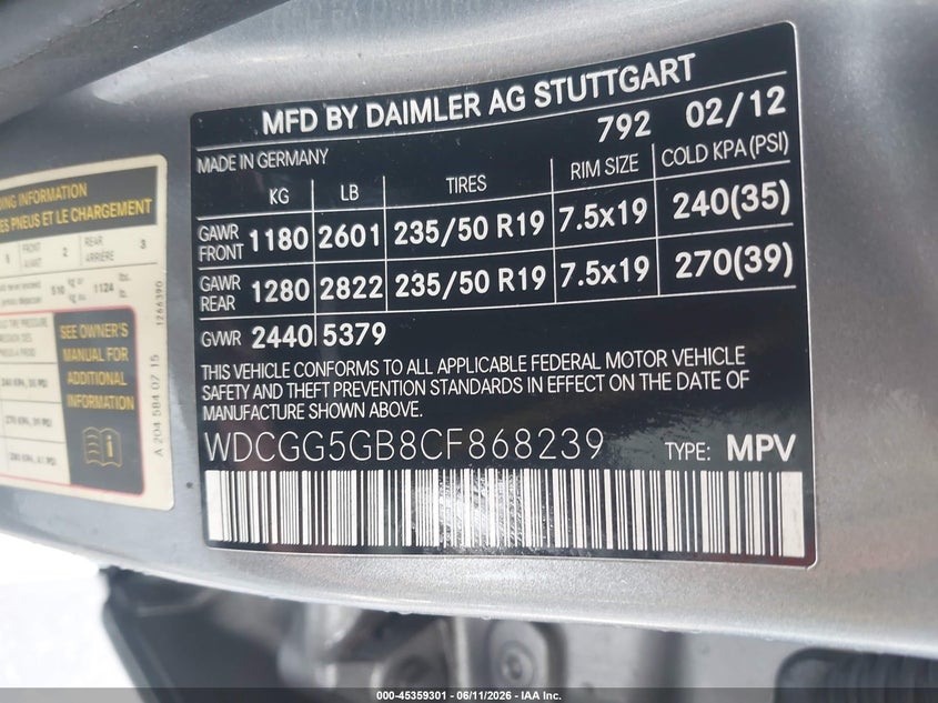 2012 Mercedes-Benz Glk 350 VIN: WDCGG5GB8CF868239 Lot: 45359301