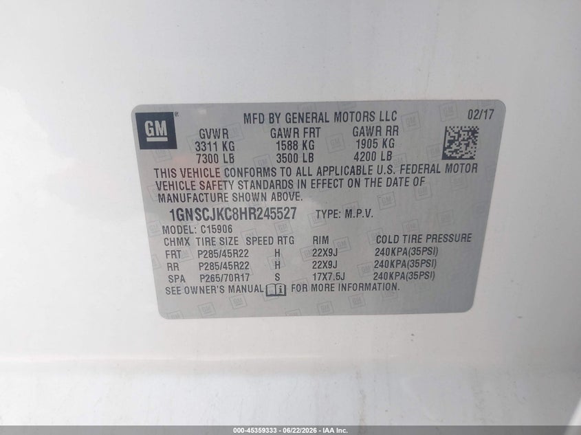 CHEVROLET SUBURBAN 2017 VIN 1GNSCJKC8HR245527