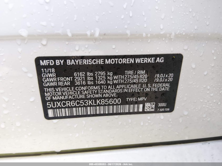 2019 BMW X5 xDrive40I VIN: 5UXCR6C53KLK85600 Lot: 45359353