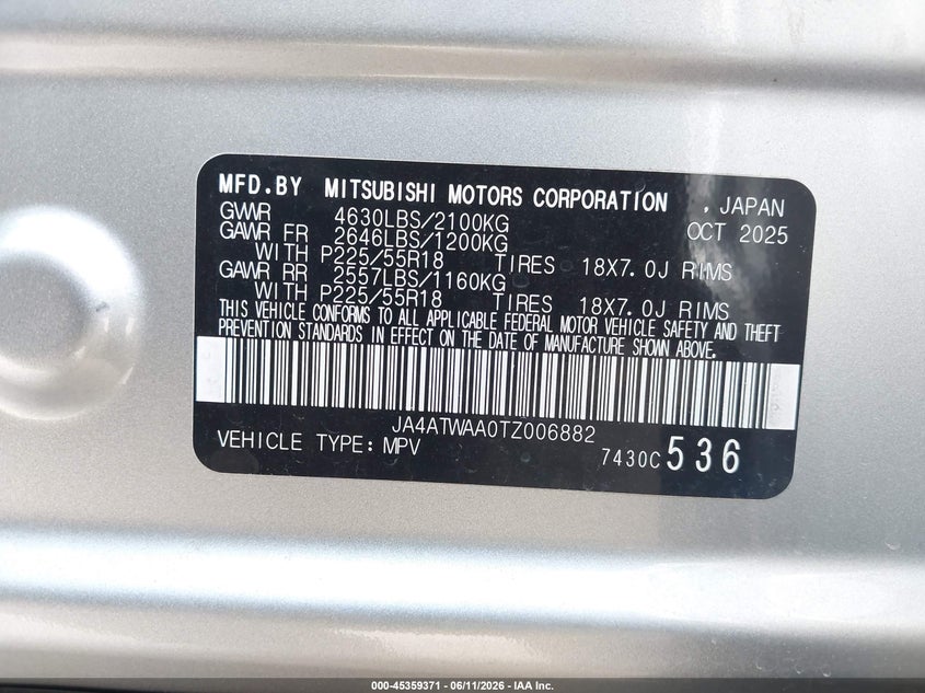 2026 Mitsubishi Eclipse Cross Black Edition S-Awc/Se S-Awc/Sel S-Awc VIN: JA4ATWAA0TZ006882 Lot: 45359371