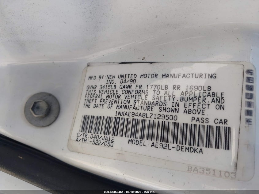 1990 Toyota Corolla Dlx VIN: 1NXAE94A8LZ129500 Lot: 45359461