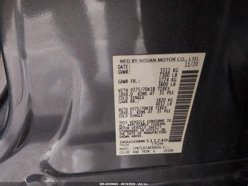 2021 Nissan Titan Pro-4X 4X4 VIN: 1N6AA1ED8MN511240 Lot: 45359463