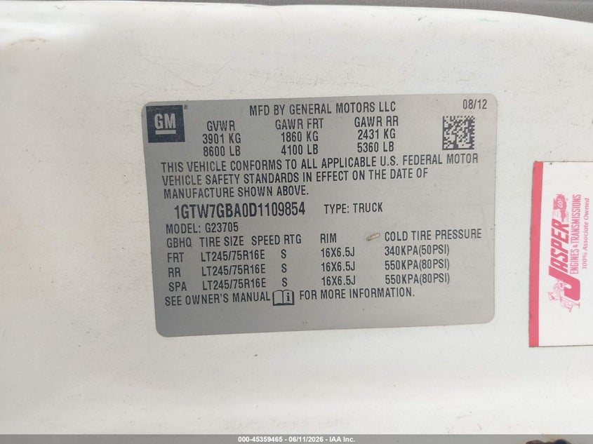 2013 GMC Savana 2500 Work Van VIN: 1GTW7GBA0D1109854 Lot: 45359465