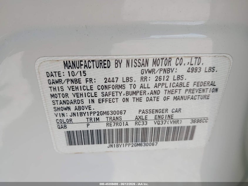 2016 Infiniti Q70L 3.7 VIN: JN1BY1PP2GM630067 Lot: 45359498
