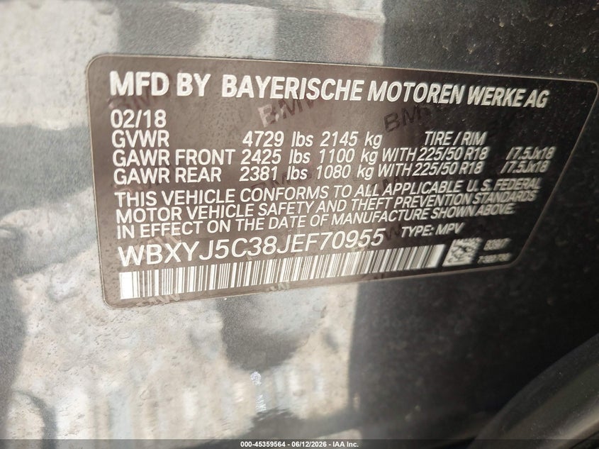 2018 BMW X2 xDrive28I VIN: WBXYJ5C38JEF70955 Lot: 45359564