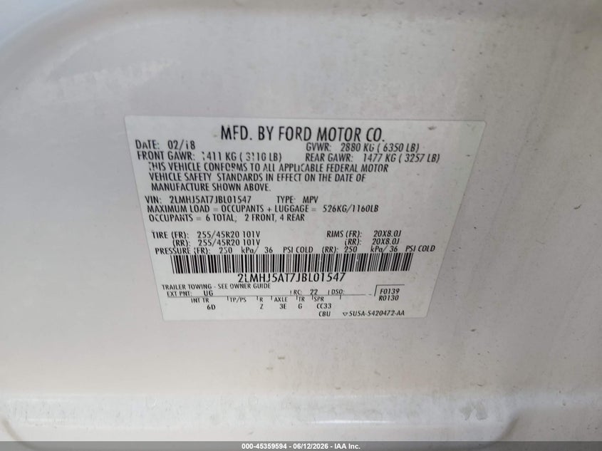 2018 Lincoln Mkt Reserve VIN: 2LMHJ5AT7JBL01547 Lot: 45359594