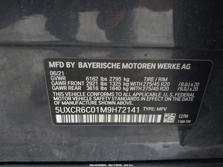 BMW X5 2021 VIN 5UXCR6C01M9H72141