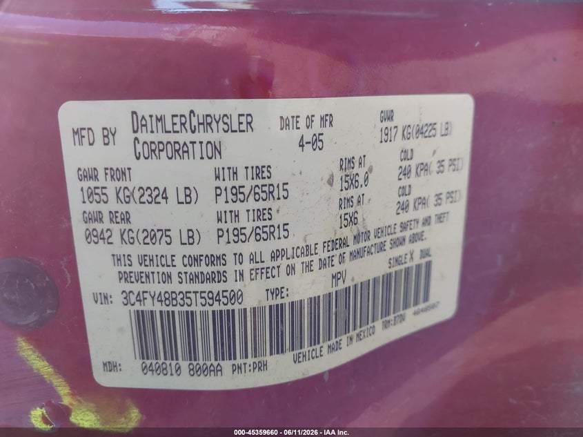 2005 Chrysler Pt Cruiser VIN: 3C4FY48B35T594500 Lot: 45359660