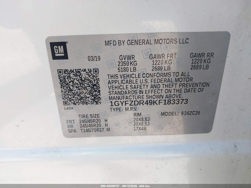 2019 Cadillac Xt4 Premium Luxury VIN: 1GYFZDR49KF183373 Lot: 45359757