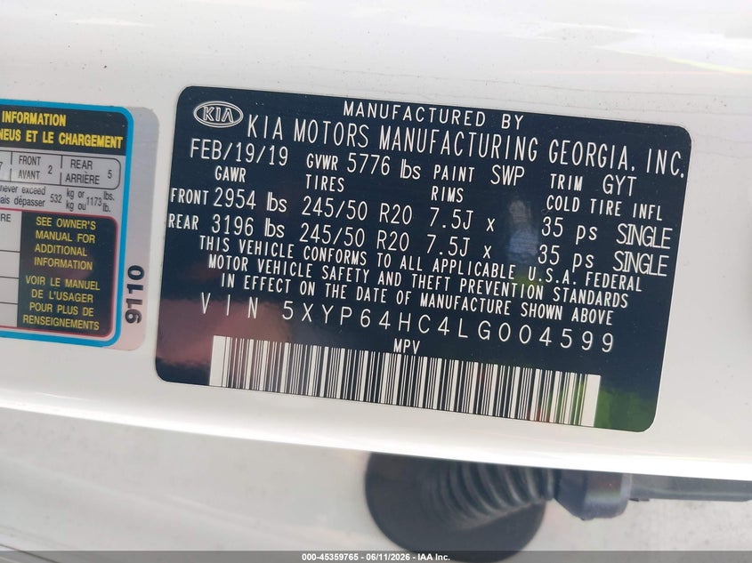 VIN 5XYP64HC4LG004599 2020 KIA TELLURIDE S