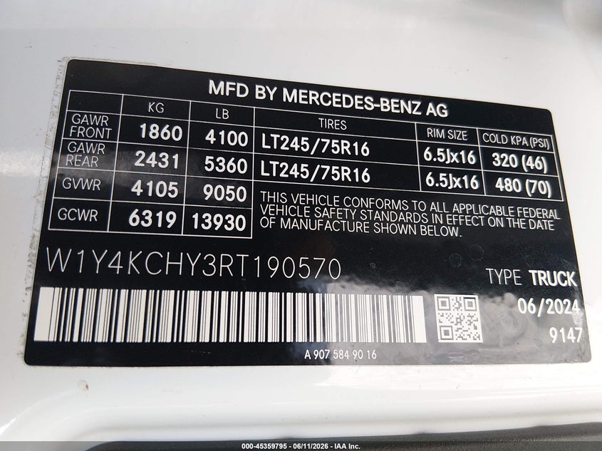 2024 Mercedes-Benz Sprinter 2500 High Roof 4-Cyl Diesel VIN: W1Y4KCHY3RT190570 Lot: 45359795
