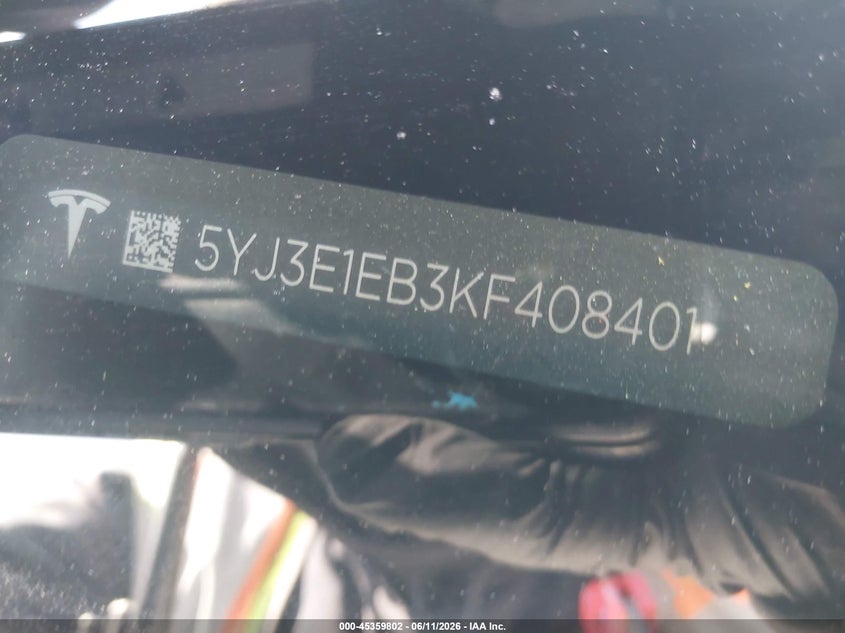 TESLA MODEL 3 2019 VIN 5YJ3E1EB3KF408401