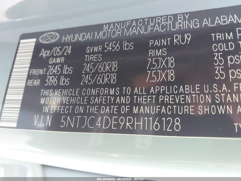 2024 Hyundai Santa Cruz Sel VIN: 5NTJC4DE9RH116128 Lot: 45359836