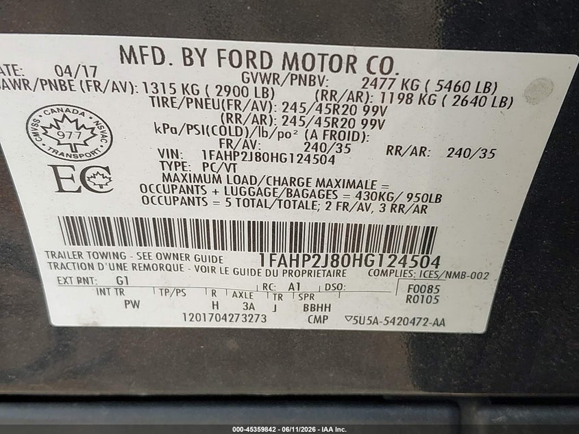 2017 FORD TAURUS SEDAN 3.5L V-6 DOHC, VVT, 288HP