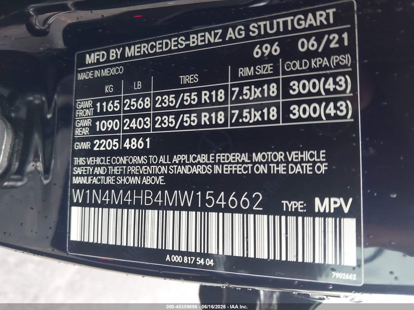 2021 Mercedes-Benz Glb 250 4Matic VIN: W1N4M4HB4MW154662 Lot: 45359896